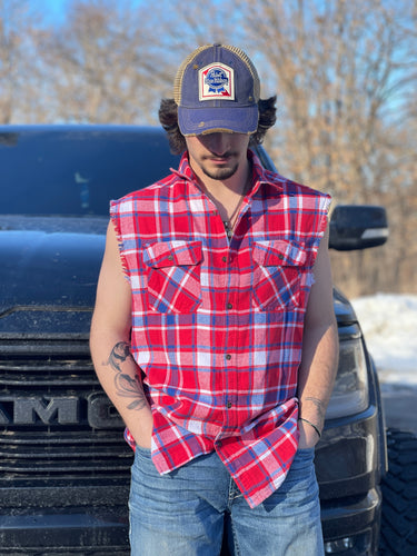 Pabst Sleeveless Flannel- Red/ White/ Blue Plaid